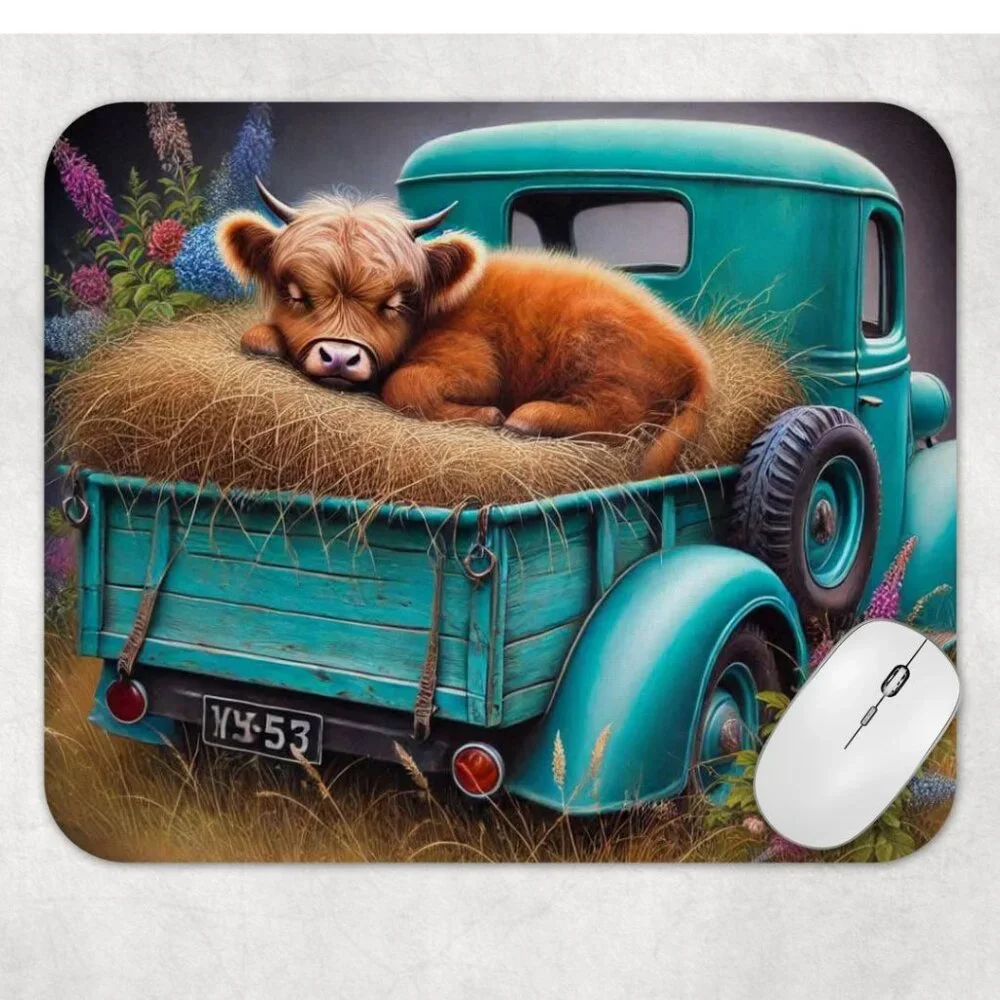 Highland Cow Old Truck Non Slip Custom Mouse Pad